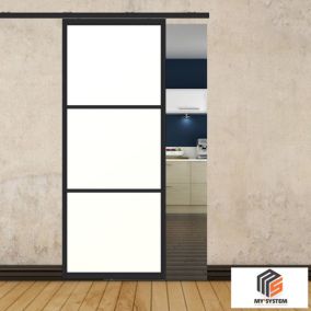 Porte simple coulissante gauche H 2088 x L 867 mm - 3 verres horizontaux - trempé 6 mm opale - noir