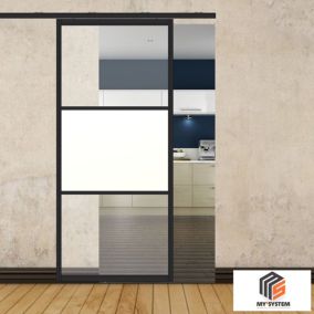 Porte simple coulissante gauche H 2088 x L 967 mm - 3 verres horizontaux - mixte 2 clairs + 1 opale - noir
