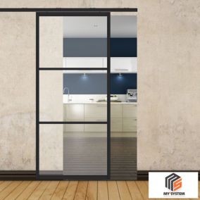 Porte simple coulissante gauche H 2088 x L 967 mm - 3 verres horizontaux - trempé 6 mm clair - noir