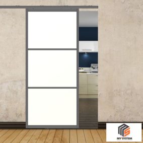Porte simple coulissante gauche H 2088 x L 967 mm - 3 verres horizontaux - trempé 6 mm opale - gris
