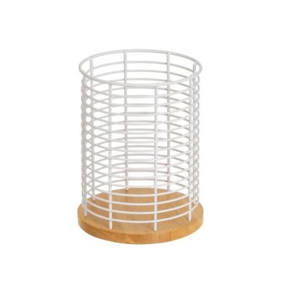Porte-ustensiles de cuisine range ustensiles en métal Blanc et socle en bois - Longueur 14 X Largeur 14 X Hauteru 17 CM