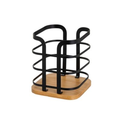 Porte-ustensiles de cuisine range ustensiles en métal Noir et bambou - Longueur 12 X Largeur 12 X Hauteru 14 CM