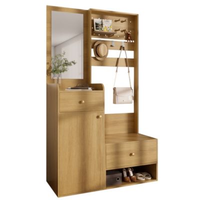 Porte-vêtements D'entrée Avec Miroir - Rangement Chaussures Et Manteaux - Bois 105 Cm