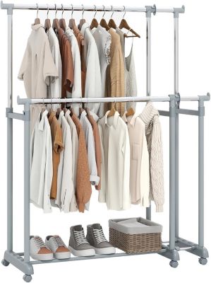 Porte Vetement à Double Tringle,Portant a Vetement Portable avec Hauteur Réglable,Largeur Extensible,Buanderie