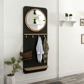 Portemanteau Helsinge avec miroir et espace de stockage 150 x 60 x 15 cm noir mat / effet bois en.casa