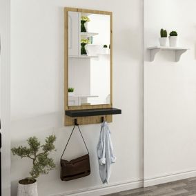 Portemanteau Humlebæk avec miroir et espace de stockage 90 x 45 x 16 cm effet bois artisanal / noir en.casa