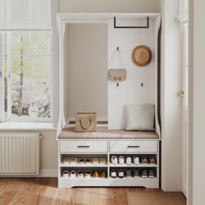 Portemanteau multifonction blanc avec miroir, crochets et tringle, meuble d'entrée pratique avec espace chaussures intégré, Blanc