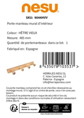 Portemanteau Patère mur boutons hêtre vieux coquille mar Vintage Retro 485x50MM