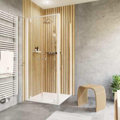 Portes de douche battantes avec paroi latérale 80 x 80 cm, verre anticalcaire, profilé blanc mat, Schulte Impériale Trend 2.0