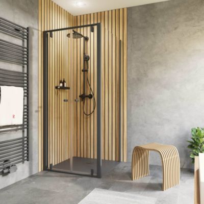Portes de douche battantes avec paroi latérale 90 x 90 cm, verre anticalcaire, profilé noir mat, Schulte Impériale Trend 2.0