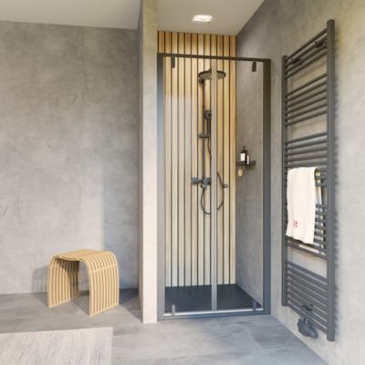 Portes de douche battantes en niche 80 x 200 cm, verre anticalcaire, profilé noir mat, Schulte Impériale Trend 2.0