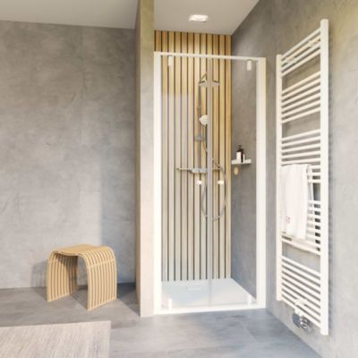 Portes de douche battantes en niche 90 x 200 cm, verre anticalcaire, profilé blanc mat, Schulte Impériale Trend 2.0