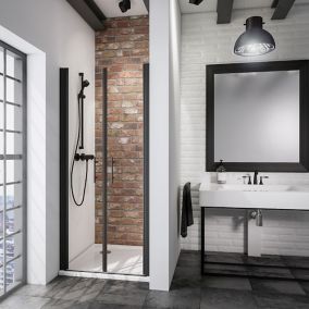 Portes de douche battantes l.90 x H.192 cm, verre transparent anticalcaire, profilé noir mat, Schulte NewStyle