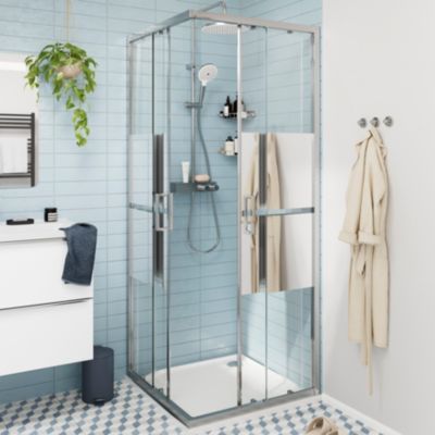 Portes de douche coulissantes accès d'angle l.80 x L.80 x H.195 cm, bandes miroir, profilés aluminium chrome, GoodHome Ledava
