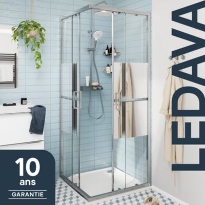 Portes de douche coulissantes accès d'angle l.80 x L.80 x H.195 cm, bandes miroir, profilés aluminium chrome, GoodHome Ledava