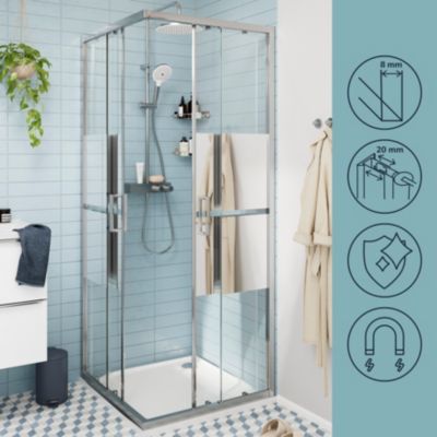 Portes de douche coulissantes accès d'angle l.80 x L.80 x H.195 cm, bandes miroir, profilés aluminium chrome, GoodHome Ledava