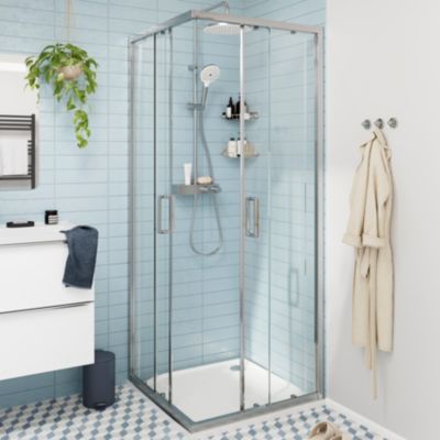 Portes de douche coulissantes accès d'angle l.80 x L.80 x H.195 cm, verre transparent, profilés aluminium chrome, GoodHome Ledava