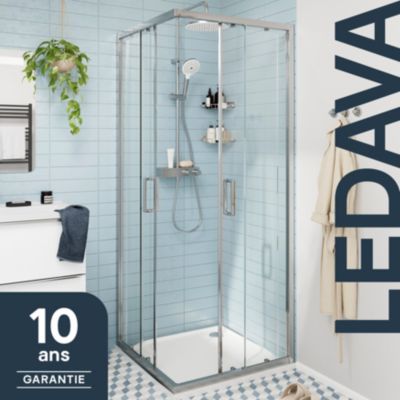 Portes de douche coulissantes accès d'angle l.80 x L.80 x H.195 cm, verre transparent, profilés aluminium chrome, GoodHome Ledava