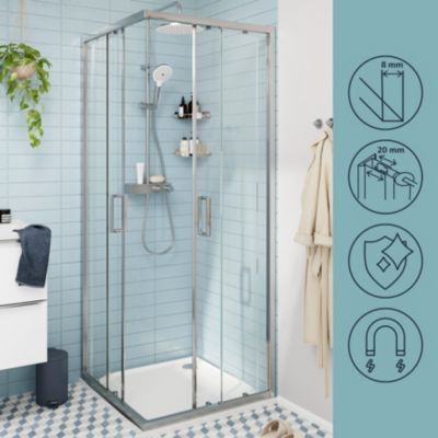 Portes de douche coulissantes accès d'angle l.80 x L.80 x H.195 cm, verre transparent, profilés aluminium chrome, GoodHome Ledava