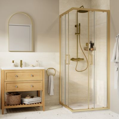Portes de douche coulissantes accès d'angle L.80 x l.80 x H.195 cm, verre transparent, profilés aluminium doré, GoodHome Ledava