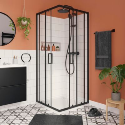 Portes de douche coulissantes accès d'angle l.80 x L.80 x H.195 cm, verre transparent, profilés aluminium noir, GoodHome Ledava