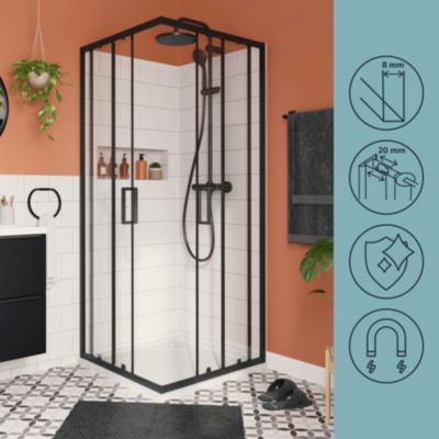 Portes de douche coulissantes accès d'angle l.80 x L.80 x H.195 cm, verre transparent, profilés aluminium noir, GoodHome Ledava