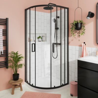 Portes de douche coulissantes accès d'angle quart de cercle l.90 x L.90 x H.195 cm, verre transparent, profilés aluminium noir, GoodHome Ledava