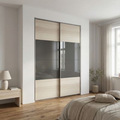 Portes de placard coulissantes 2 vantaux panneaux anthracite brillants et effet chêne GoodHome Atomia H. 225 x L. 150 x ép. 5,5 cm