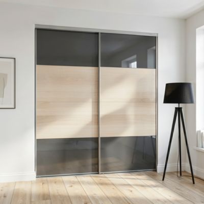 Portes de placard coulissantes 2 vantaux panneaux anthracite brillants et effet chêne GoodHome Atomia H. 225 x L. 200 x ép. 5,5 cm
