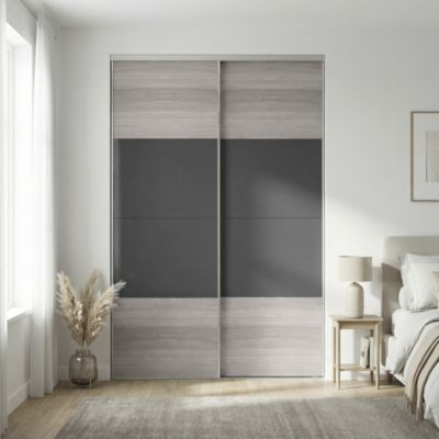 Portes de placard coulissantes 2 vantaux panneaux anthracite brillants et effet chêne grisé GoodHome Atomia H. 225 x L. 150 x ép. 5,5 cm