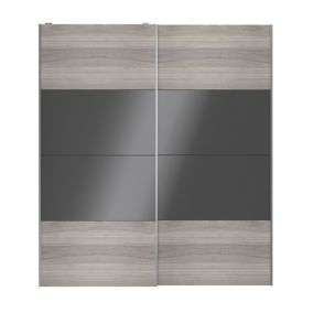 Portes de placard coulissantes 2 vantaux panneaux anthracite brillants et effet chêne grisé GoodHome Atomia H. 225 x L. 200 x ép. 5,5 cm