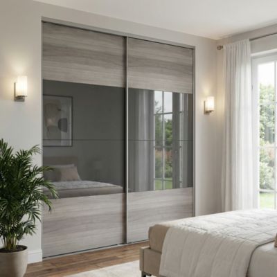 Portes de placard coulissantes 2 vantaux panneaux anthracite brillants et effet chêne grisé GoodHome Atomia H. 225 x L. 200 x ép. 5,5 cm