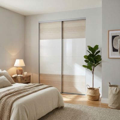 Portes de placard coulissantes 2 vantaux panneaux blancs brillants et effet chêne GoodHome Atomia H. 225 x L. 150 x ép. 5,5 cm