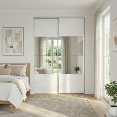 Portes de placard coulissantes 2 vantaux panneaux blancs brillants et miroir GoodHome Atomia H. 225 x L. 150 x ép. 5,5 cm
