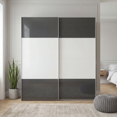 Portes de placard coulissantes 2 vantaux panneaux blancs et anthracite brillants GoodHome Atomia H. 225 x L. 200 x ép. 5,5 cm