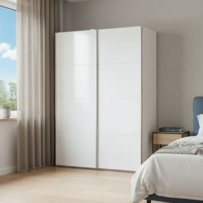 Portes de placard coulissantes 2 vantaux panneaux blancs et blancs brillants GoodHome Atomia H. 225 x L. 150 x ép. 5,5 cm