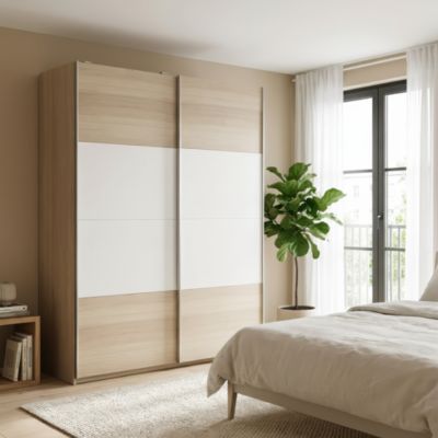 Portes de placard coulissantes 2 vantaux panneaux blancs et effet chêne GoodHome Atomia H. 225 x L. 150 x ép. 5,5 cm