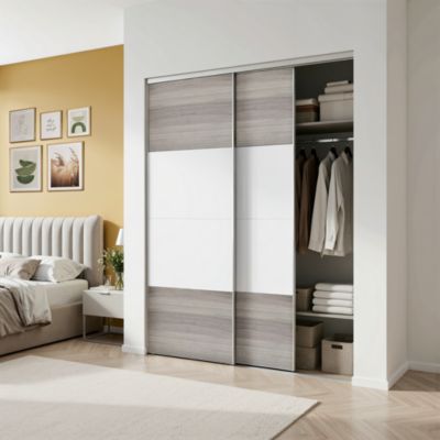 Portes de placard coulissantes 2 vantaux panneaux blancs et effet chêne grisé GoodHome Atomia H. 225 x L. 150 x ép. 5,5 cm