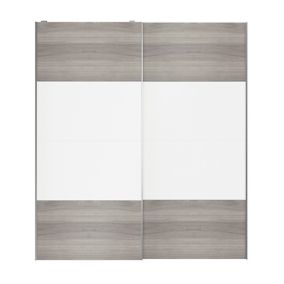 Portes de placard coulissantes 2 vantaux panneaux blancs et effet chêne grisé GoodHome Atomia H. 225 x L. 200 x ép. 5,5 cm