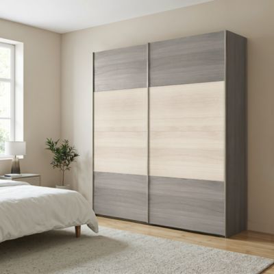 Portes de placard coulissantes 2 vantaux panneaux effet chêne et chêne grisé GoodHome Atomia H. 225 x L. 200 x ép. 5,5 cm