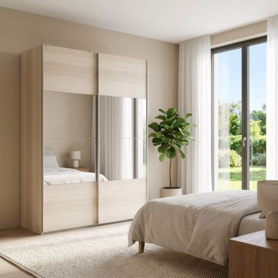 Portes de placard coulissantes 2 vantaux panneaux effet chêne et miroir GoodHome Atomia H. 225 x L. 150 x ép. 5,5 cm