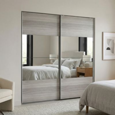 Portes de placard coulissantes 2 vantaux panneaux effet chêne grisé et miroir GoodHome Atomia H. 225 x L. 200 x ép. 5,5 cm