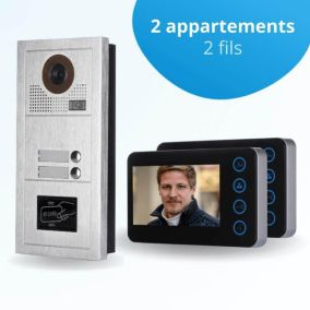 Portier interphone vidéo modern 2 fils - 2 appartements - 2 écrans noirs - avec lecteur de badge