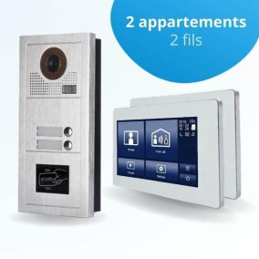 Portier interphone vidéo modern 2 fils - 2 appartements - 2 écrans tactiles smart 7" blanc - avec lecteur de badge