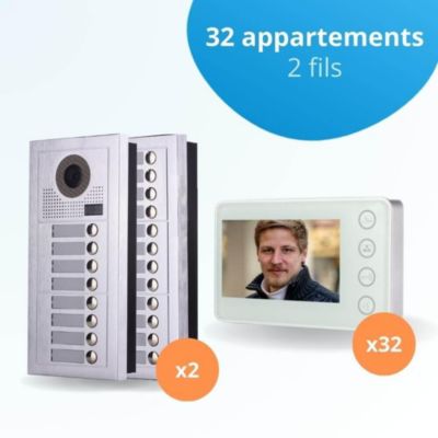 Portier interphone vidéo modern 2 fils - 32 appartements - 32 écrans blancs