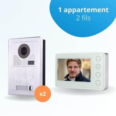 Portier interphone vidéo modern 2 fils pour 2 entrées - 1 appartement - 2 platines - 1 écran blanc