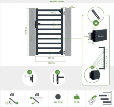Portillon 1m ANTELAO H.160cm aluminium gris