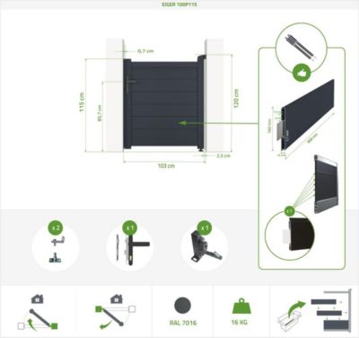Portillon 1m EIGER H.115cm + Kit inversion ouverture