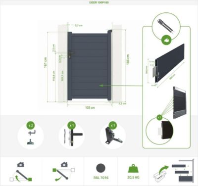 Portillon 1m EIGER H.160cm + 2 Poteaux H.190cm aluminium gris