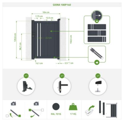Portillon 1m GIONA H.140cm aluminium gris